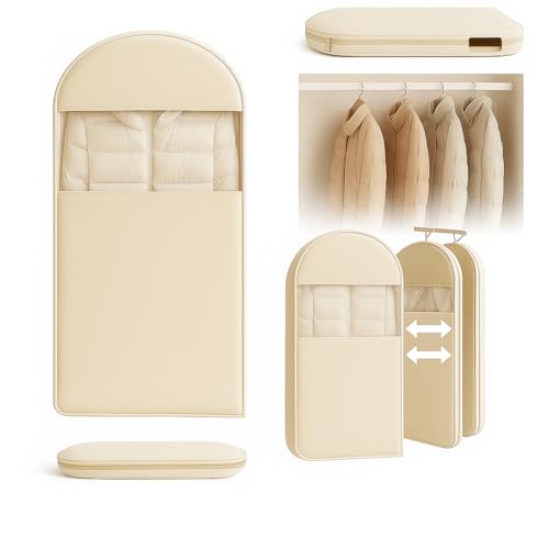 Space Saving Hanging Garment Bag with Self Compression Zipper, Suit Cover Bags, Heavy Duty Jackets & Parkas Storage, Dust Cover, Closet Organizer for Storage (Beige,L)
