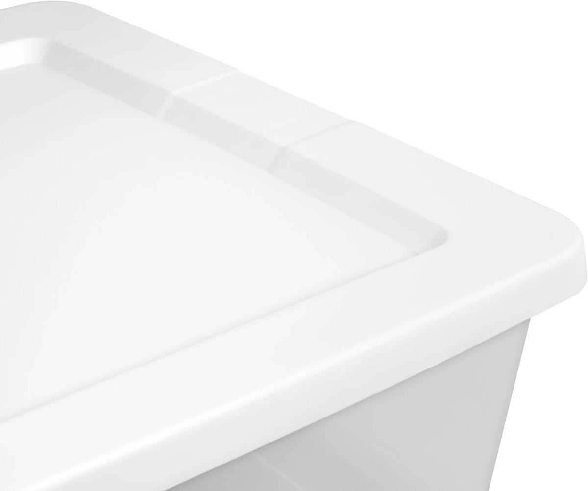 41-quart storage box, clear plastic storage container with snap-on lid, white.