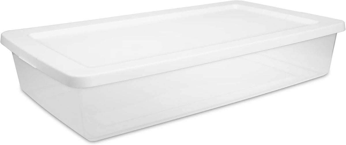 41-quart storage box, clear plastic storage container with snap-on lid, white.