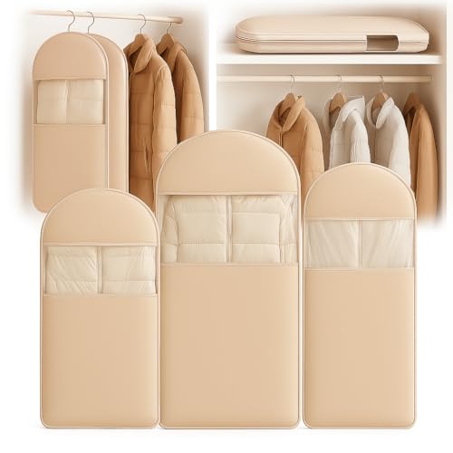Space Saving Hanging Garment Bag with Self Compression Zipper, Suit Cover Bags, Heavy Duty Jackets & Parkas Storage, Dust Cover, Closet Organizer for Storage (Beige,L)