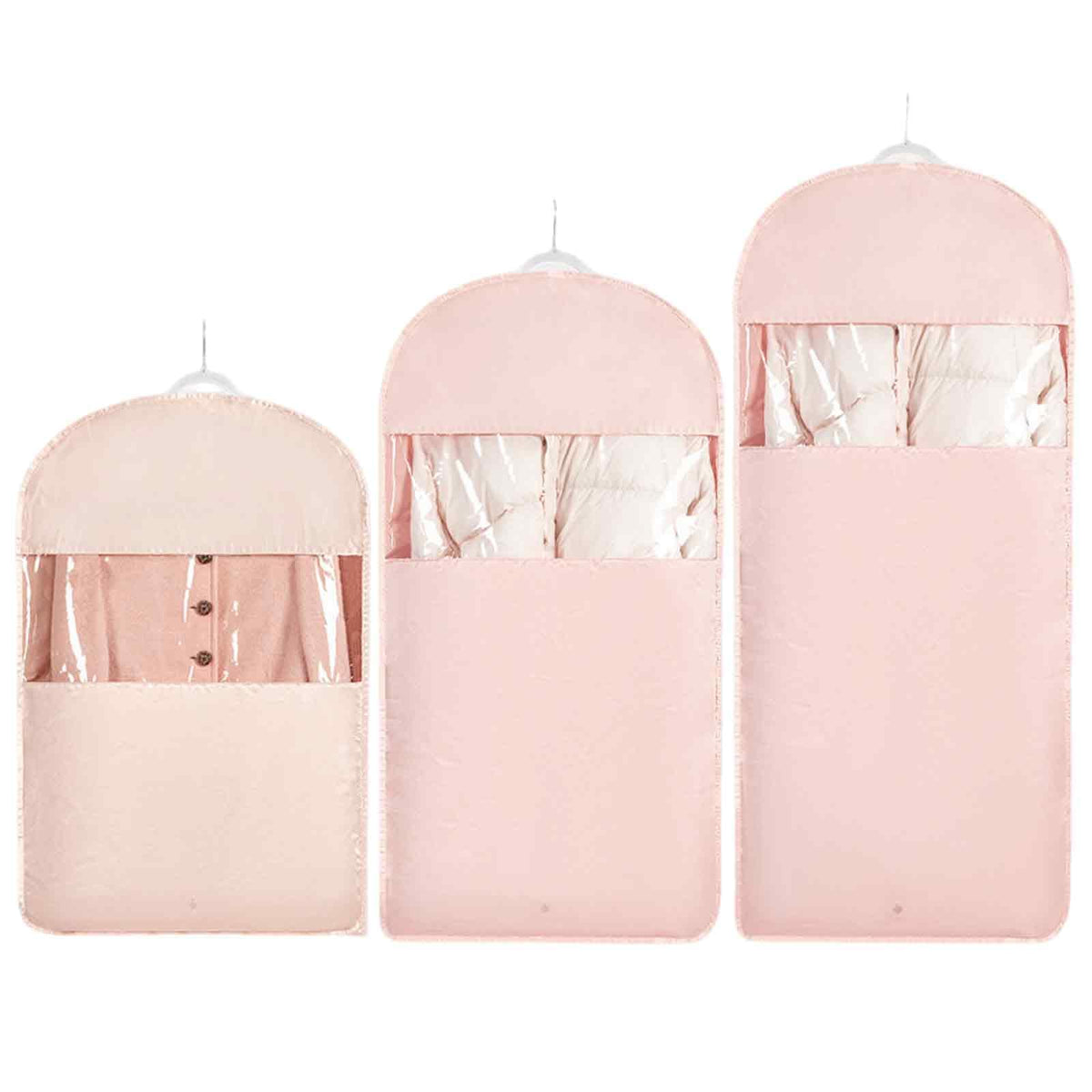 Space Saving Hanging Garment Bag with Self Compression Zipper，Dust Cover Clothes Bags for Down Coat,Dress,Suit，Closet Storage Organizer for Home Travel Use (Beige, M+L+XL)