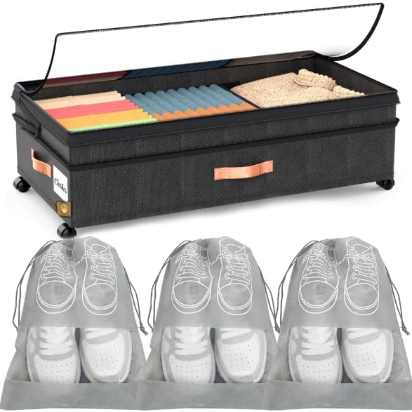 90L XXL Under Bed Storage Bins with Wheels, 1-Pack, Clear Lids, Black