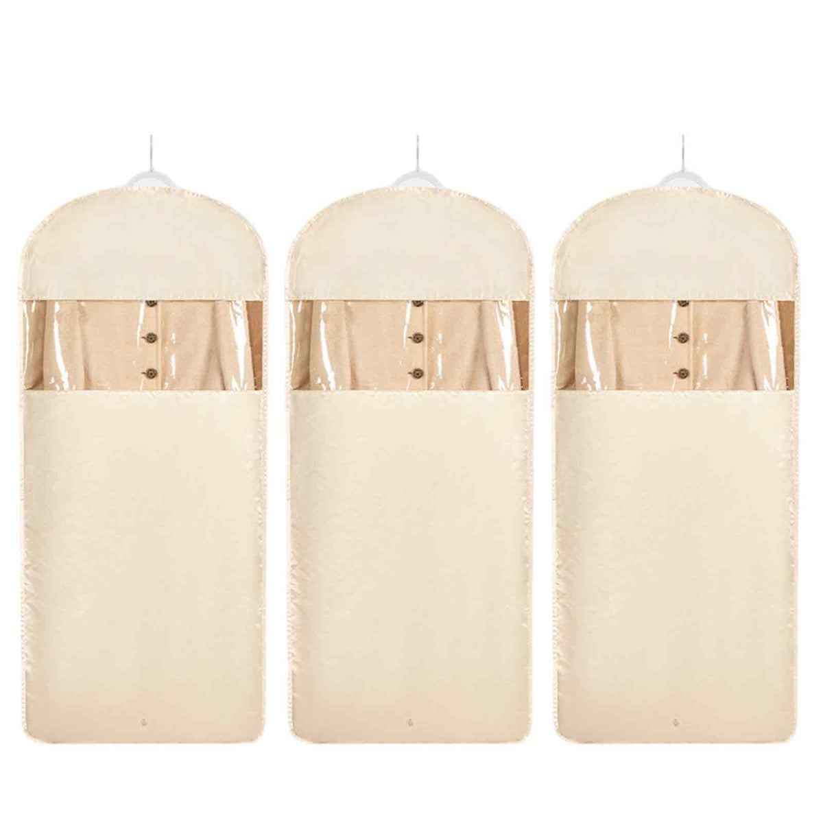 Space Saving Hanging Garment Bag with Self Compression Zipper，Dust Cover Clothes Bags for Down Coat,Dress,Suit，Closet Storage Organizer for Home Travel Use (Beige, M+L+XL)