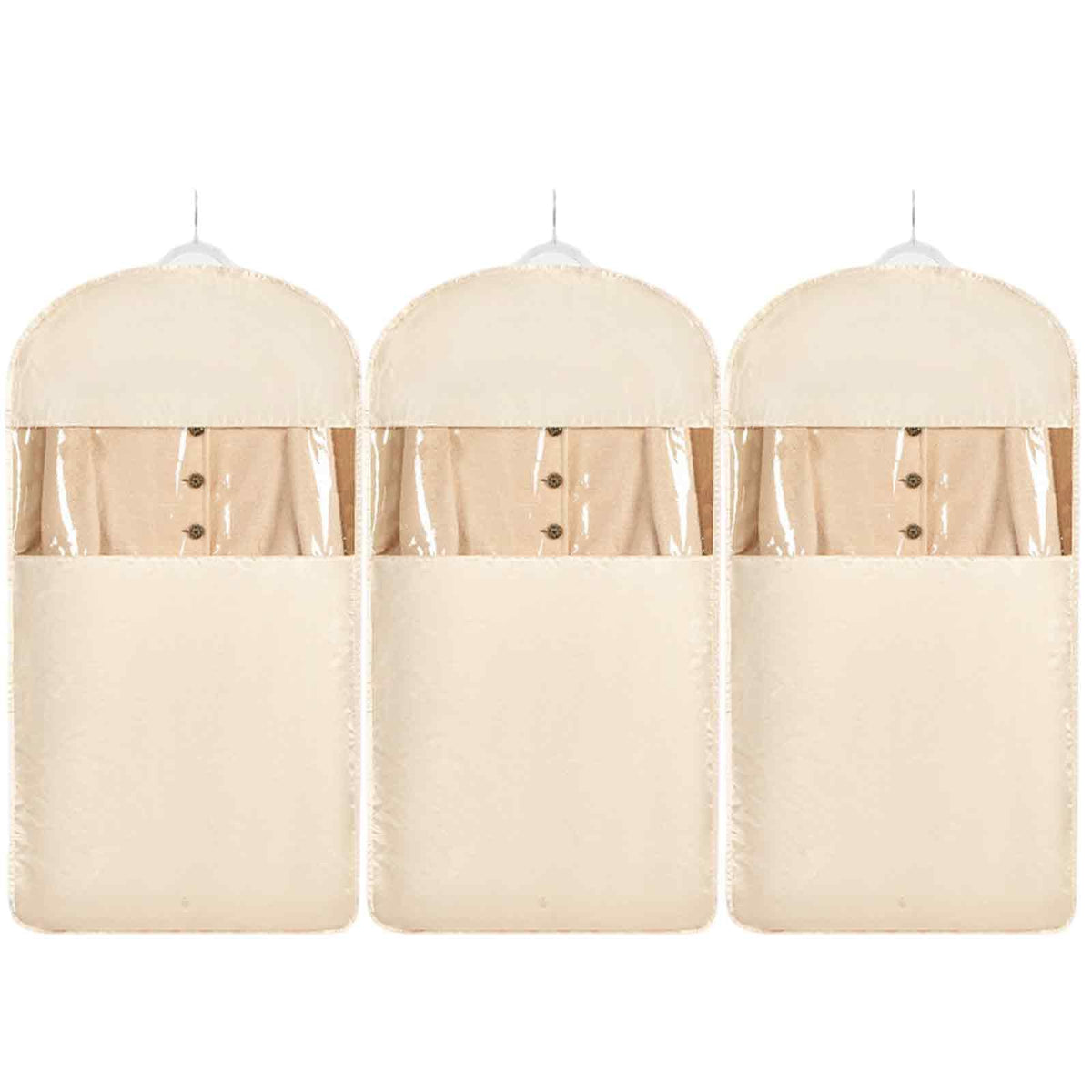 Space Saving Hanging Garment Bag with Self Compression Zipper，Dust Cover Clothes Bags for Down Coat,Dress,Suit，Closet Storage Organizer for Home Travel Use (Beige, M+L+XL)