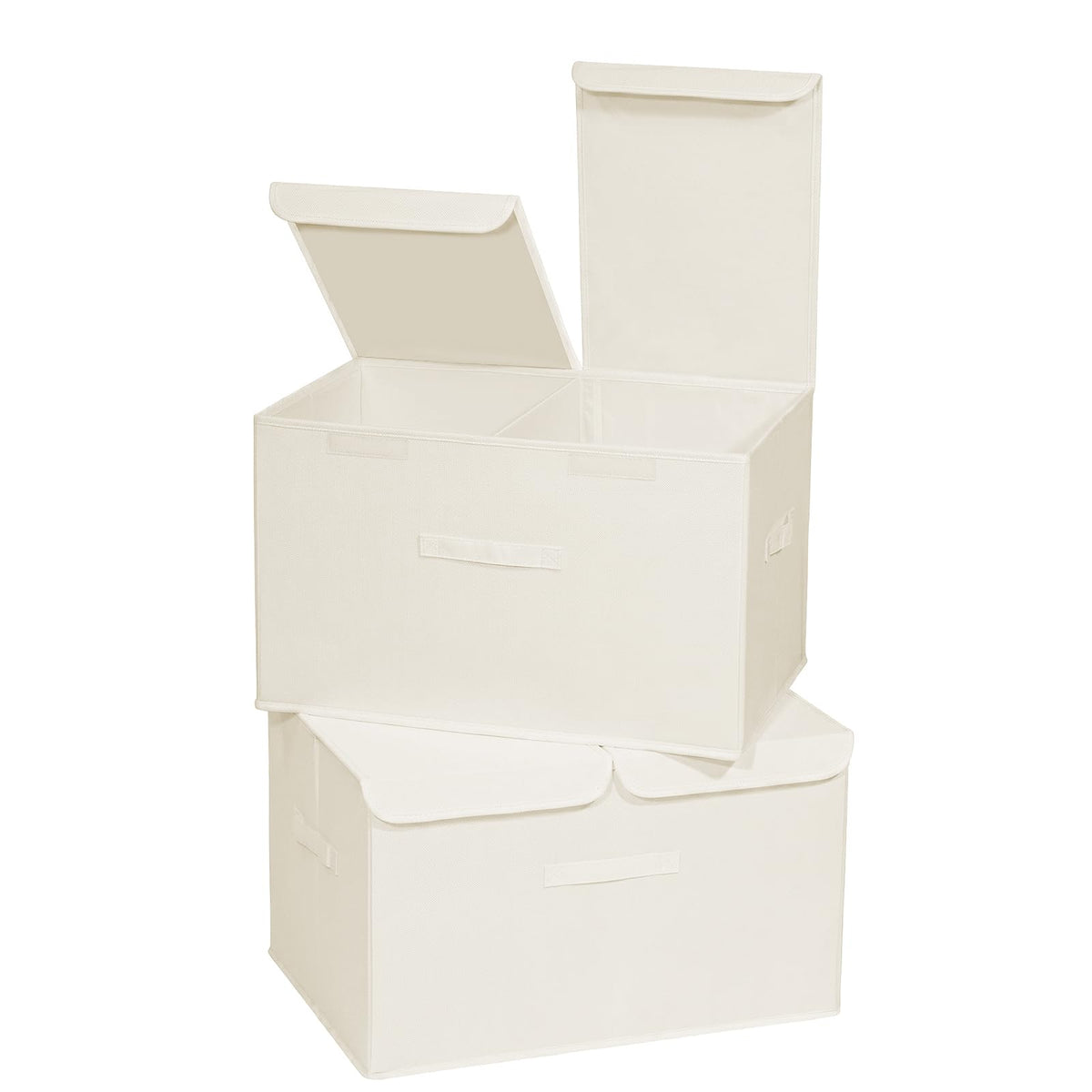 2 Pack Large Storage Boxes with Lids and Handles, Collapsible Linen Storage Bins Organizer Containers Baskets Cube with Removable Divider for Home Bedroom Closet Office (Cream, Small)