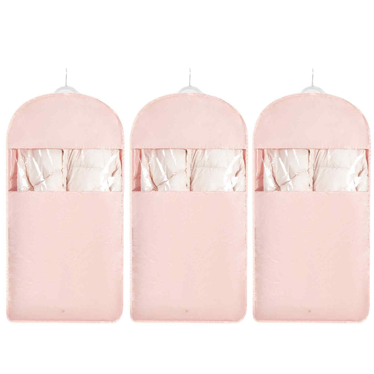Space Saving Hanging Garment Bag with Self Compression Zipper，Dust Cover Clothes Bags for Down Coat,Dress,Suit，Closet Storage Organizer for Home Travel Use (Beige, M+L+XL)