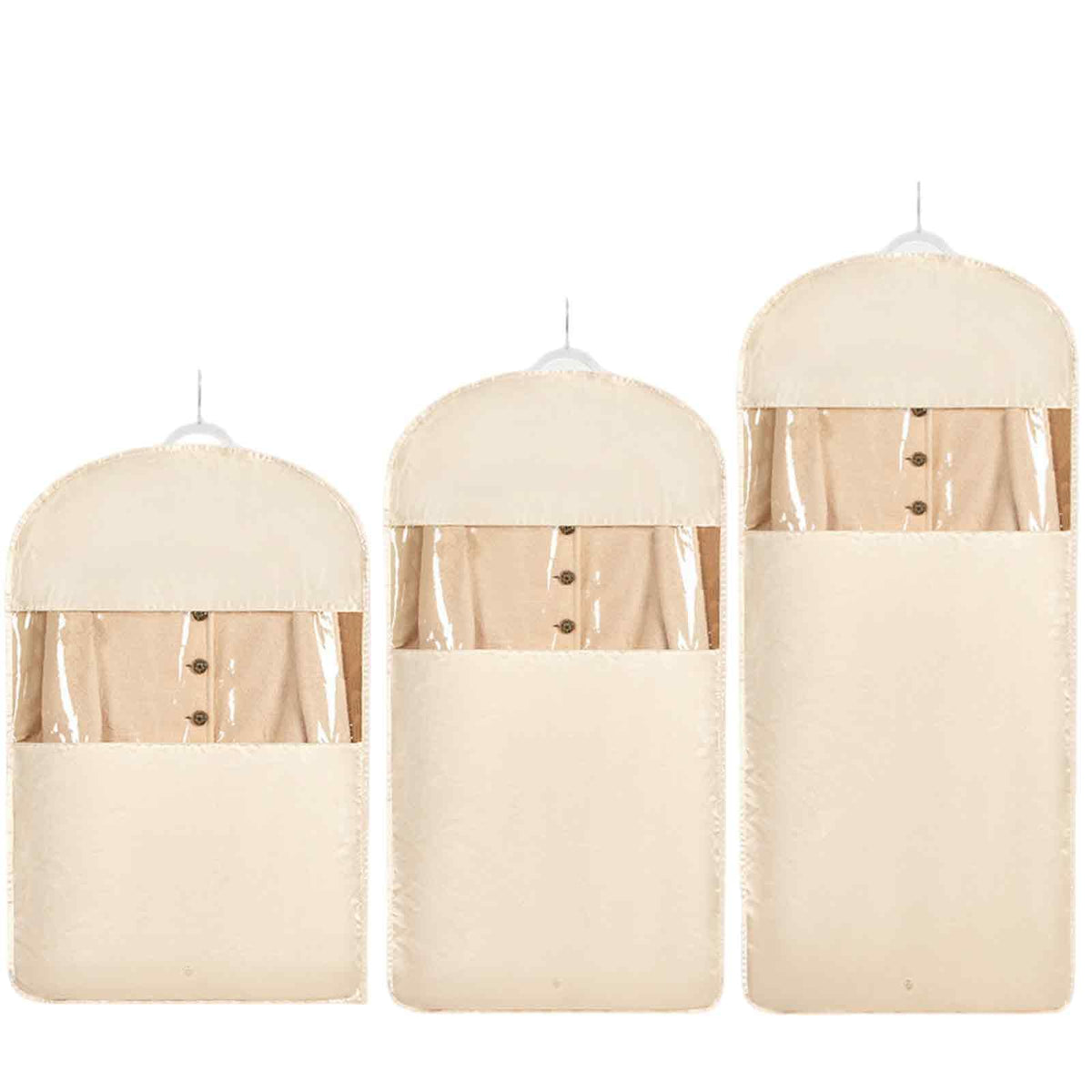 Space Saving Hanging Garment Bag with Self Compression Zipper，Dust Cover Clothes Bags for Down Coat,Dress,Suit，Closet Storage Organizer for Home Travel Use (Beige, M+L+XL)