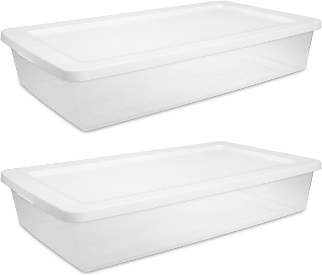 2 Pack 41 Quart Clear Plastic Underbed Storage Bin with Snap‑On Lid, White