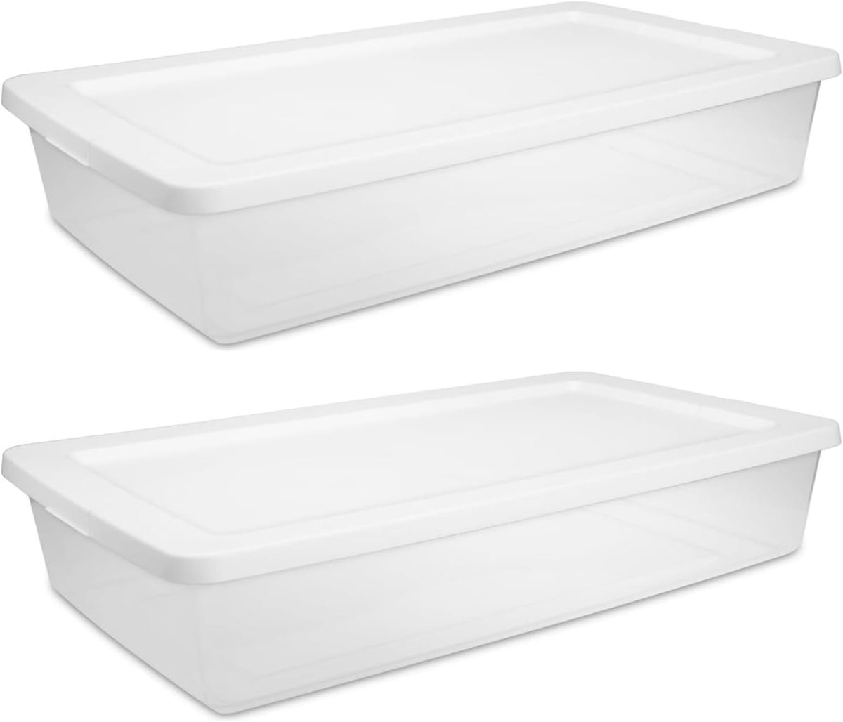 2 Pack 41 Quart Clear Plastic Underbed Storage Bin with Snap‑On Lid, White