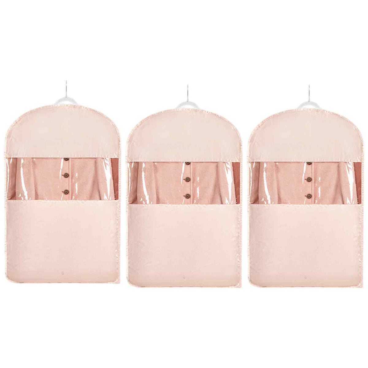 Space Saving Hanging Garment Bag with Self Compression Zipper，Dust Cover Clothes Bags for Down Coat,Dress,Suit，Closet Storage Organizer for Home Travel Use (Beige, M+L+XL)