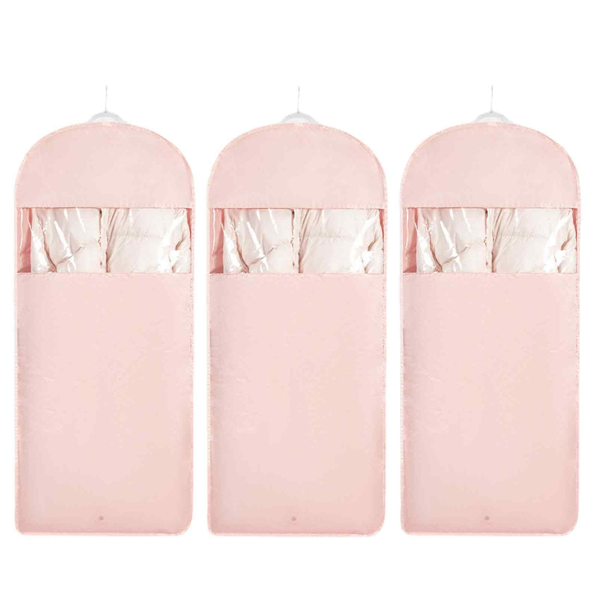 Space Saving Hanging Garment Bag with Self Compression Zipper，Dust Cover Clothes Bags for Down Coat,Dress,Suit，Closet Storage Organizer for Home Travel Use (Beige, M+L+XL)