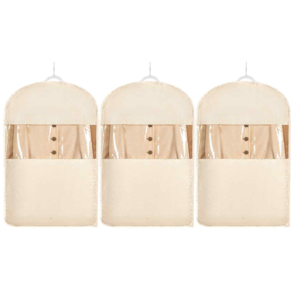 Space Saving Hanging Garment Bag with Self Compression Zipper，Dust Cover Clothes Bags for Down Coat,Dress,Suit，Closet Storage Organizer for Home Travel Use (Beige, M+L+XL)