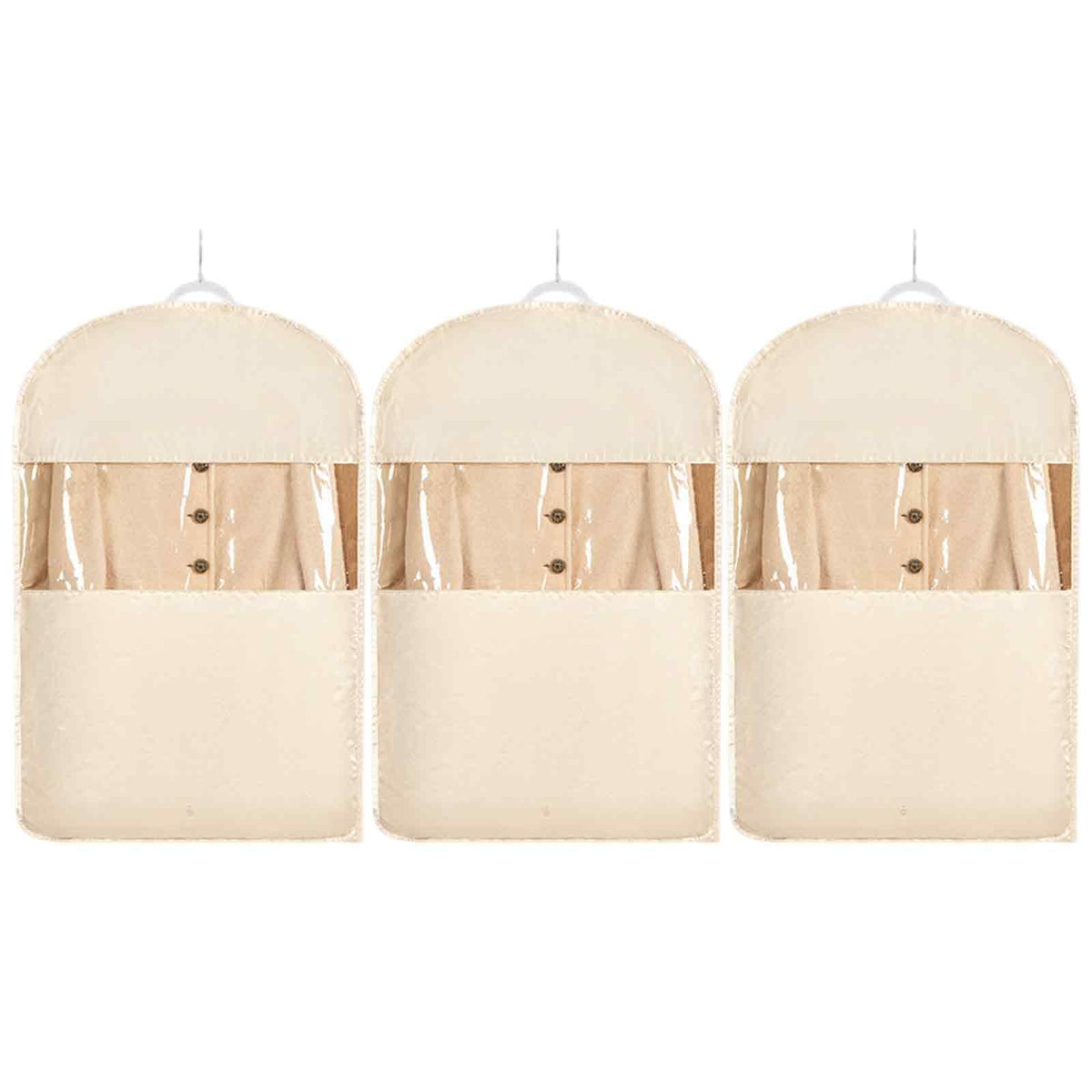 Space Saving Hanging Garment Bag with Self Compression Zipper，Dust Cover Clothes Bags for Down Coat,Dress,Suit，Closet Storage Organizer for Home Travel Use (Beige, M+L+XL)