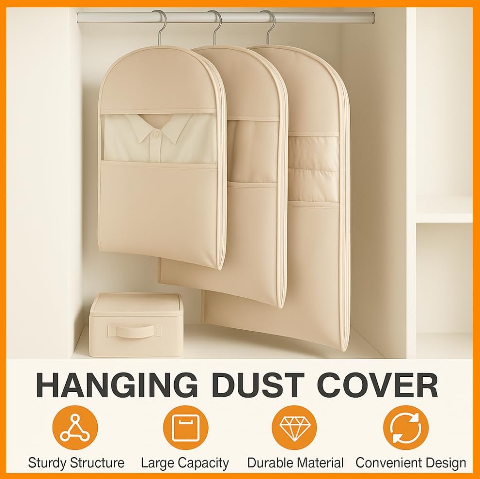 Space Saving Hanging Garment Bag with Self Compression Zipper, Suit Cover Bags, Heavy Duty Jackets & Parkas Storage, Dust Cover, Closet Organizer for Storage (Beige,L)