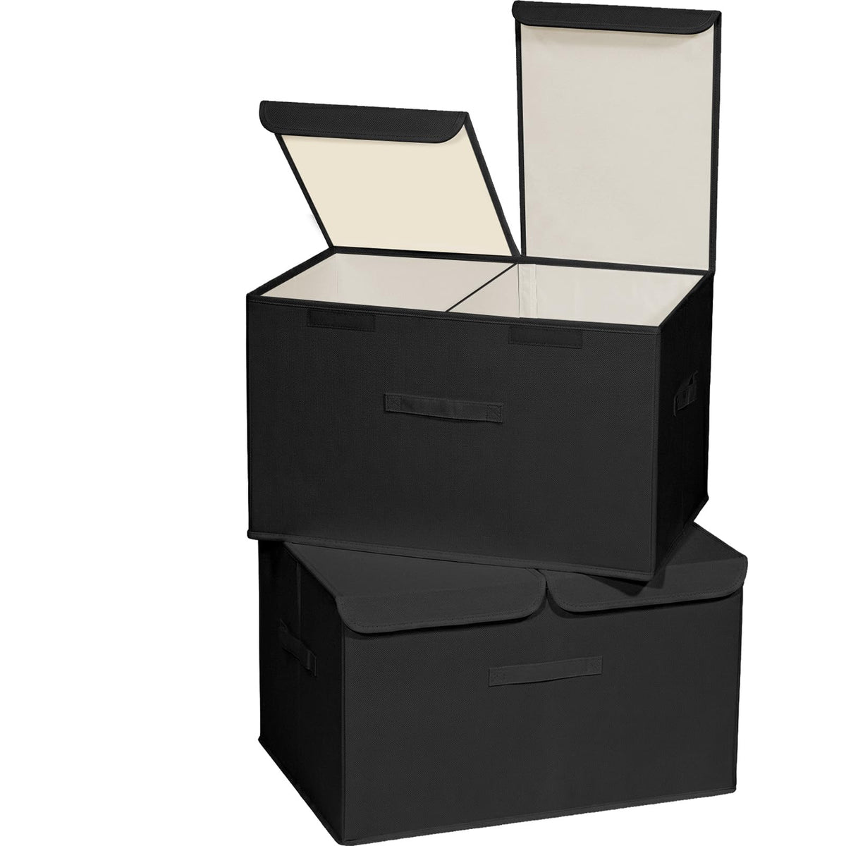 2 Pack Large Storage Boxes with Lids and Handles, Collapsible Linen Storage Bins Organizer Containers Baskets Cube with Removable Divider for Home Bedroom Closet Office (Cream, Small)