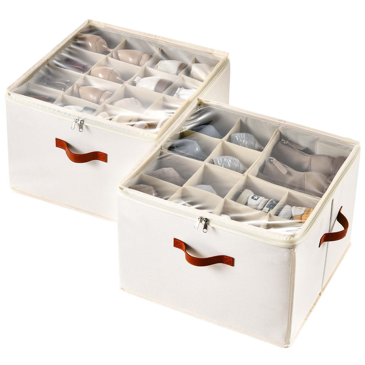 INSTY 2 Pack Shoe Organizer with Wheels for Closet, Fits up to 32 Pairs, Adjustable Dividers for Shoe Storage, Fabric Shoe Storage Bins with Clear Cover, Beige and Grey