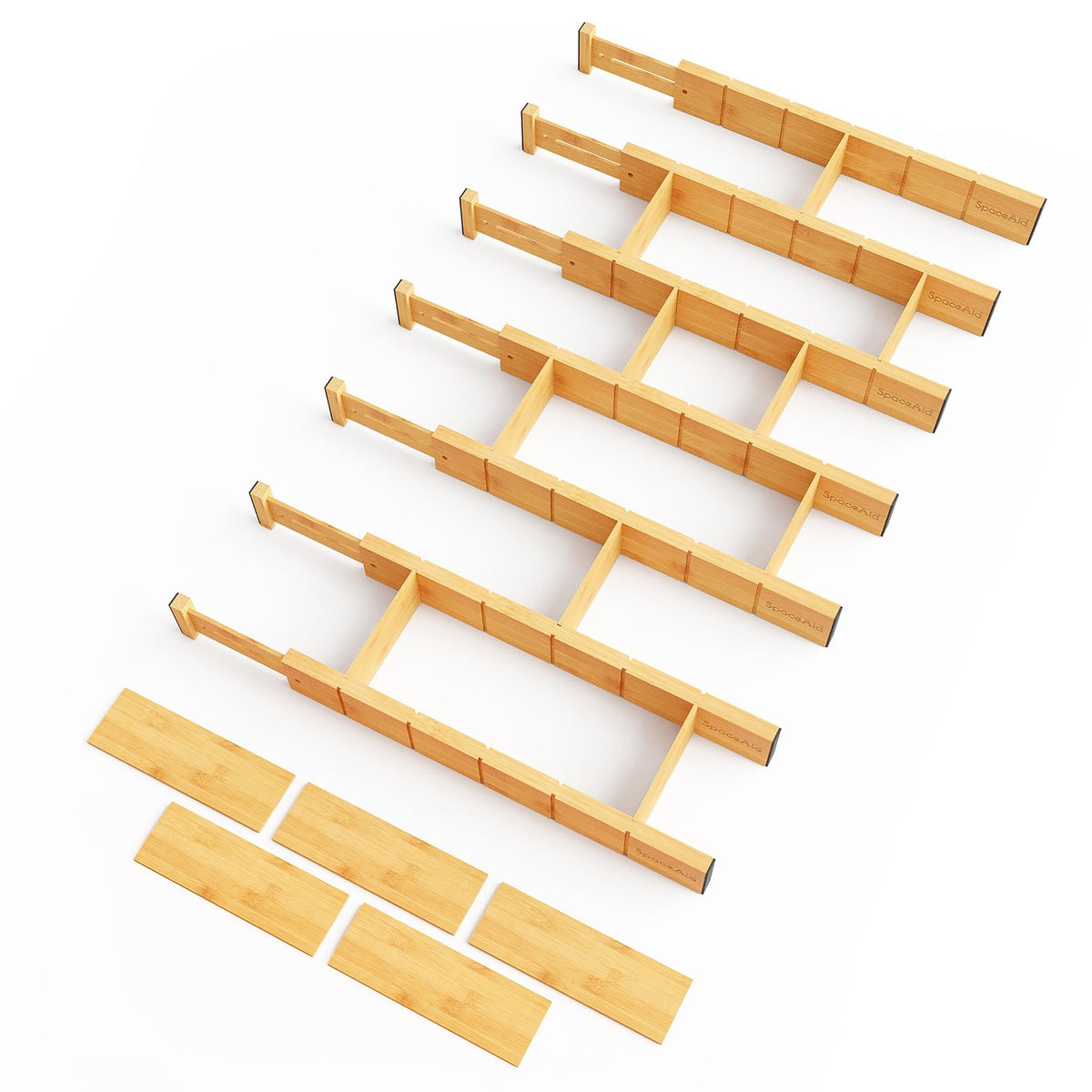 SpaceAid Bamboo Drawer Dividers with Inserts and Labels, Kitchen Adjustable Drawer Organizers, Expandable Organization for Home, Office, Dressers, 7 Dividers with 15 Inserts (17"-22" White)