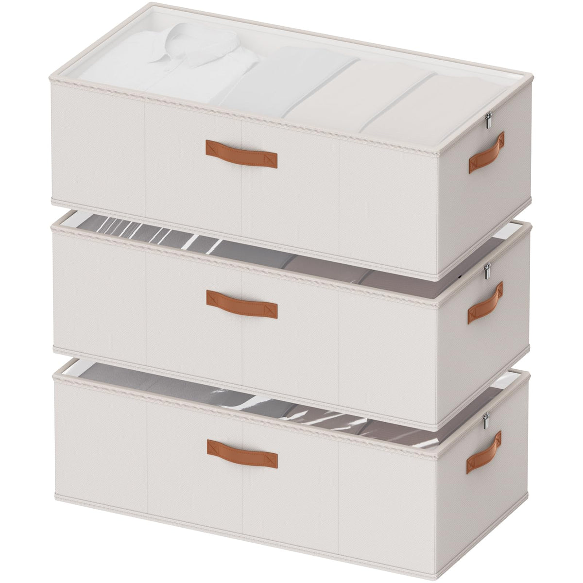 10inch 3 Pack Under Bed Storage Containers, 10 Inch Tall Underbed Clothes Storage Organizer Bin with Clear Window，Foldable Box Basket for Clothes, Closet, Bed Sheets and Blankets White