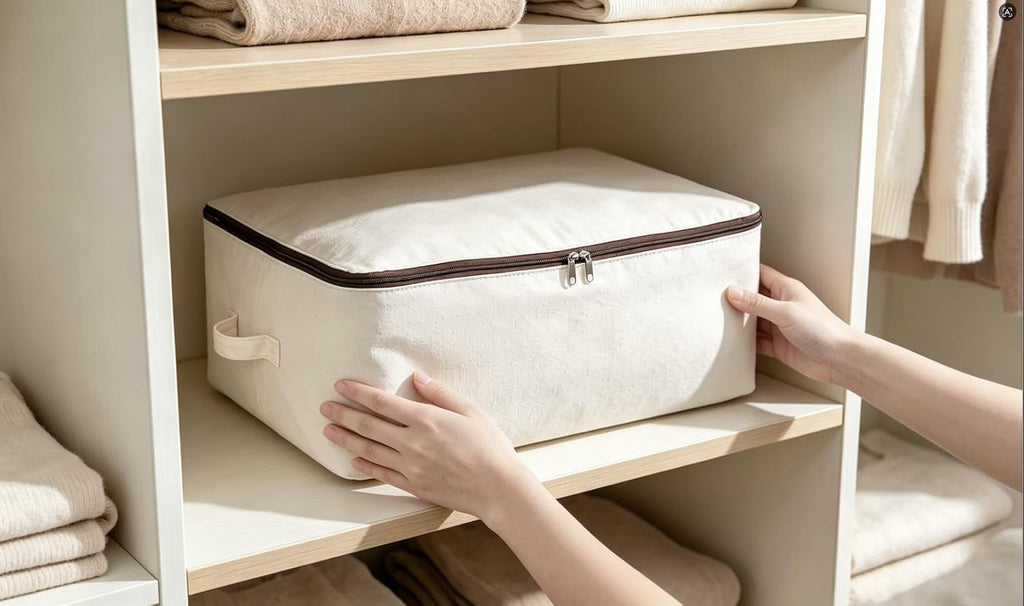 2PCS Canvas Storage Bag, 12OZ Thick Soft Breathable Closet Organizer for Beddings, Comforters, Pillows, Blankets, Clothes, 25.6×18.5×8.7inch, Beige