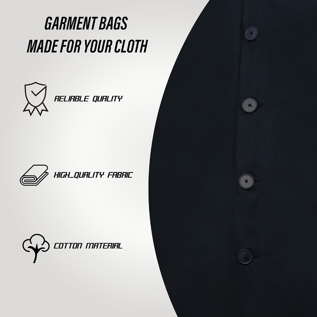 Cotton Garment Protector Bag Cover - Dust Free Cloth Hanging, Wardrobe storage for Dresses and Suits (Black with button - 24"x62")