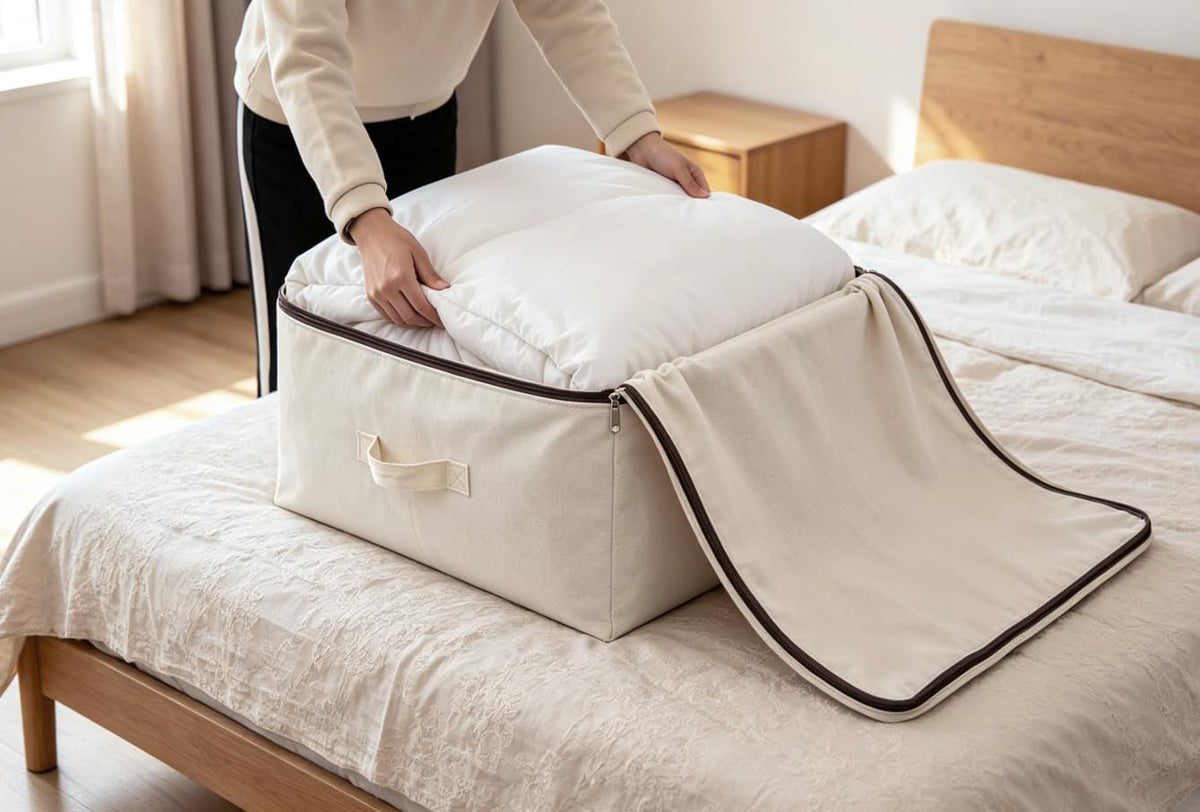 2PCS Canvas Storage Bag, 12OZ Thick Soft Breathable Closet Organizer for Beddings, Comforters, Pillows, Blankets, Clothes, 25.6×18.5×8.7inch, Beige