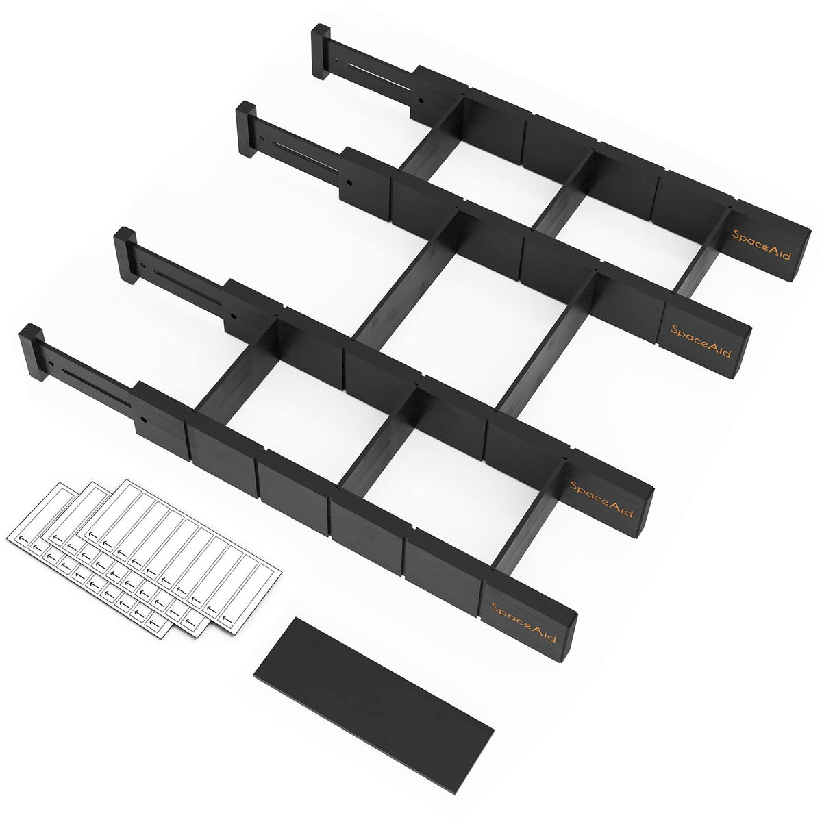 SpaceAid Bamboo Drawer Dividers with Inserts and Labels, Kitchen Adjustable Drawer Organizers, Expandable Organization for Home, Office, Dressers, 4 Dividers with 9 Inserts (17"-22" White)