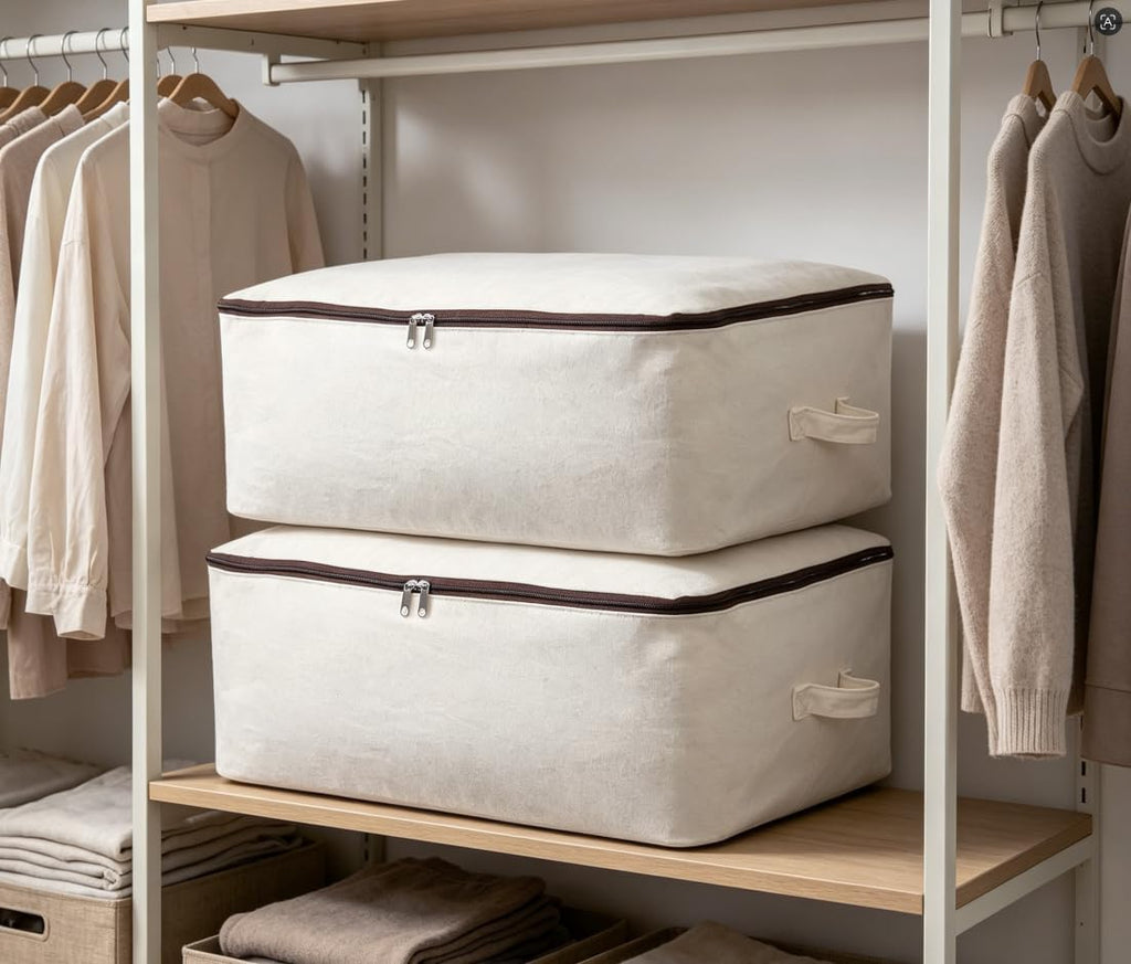 2PCS Canvas Storage Bag, 12OZ Thick Soft Breathable Closet Organizer for Beddings, Comforters, Pillows, Blankets, Clothes, 25.6×18.5×8.7inch, Beige
