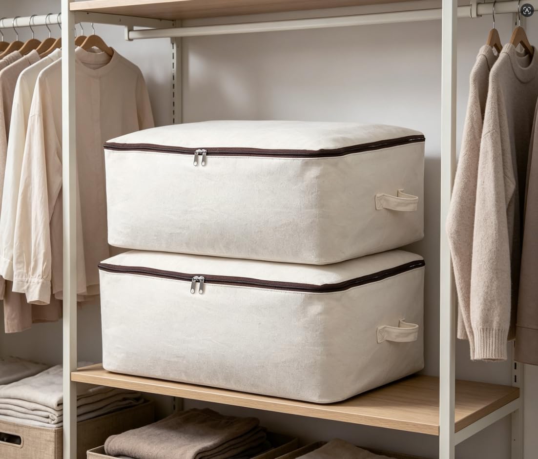 2PCS Canvas Storage Bag, 12OZ Thick Soft Breathable Closet Organizer for Beddings, Comforters, Pillows, Blankets, Clothes, 25.6×18.5×8.7inch, Beige