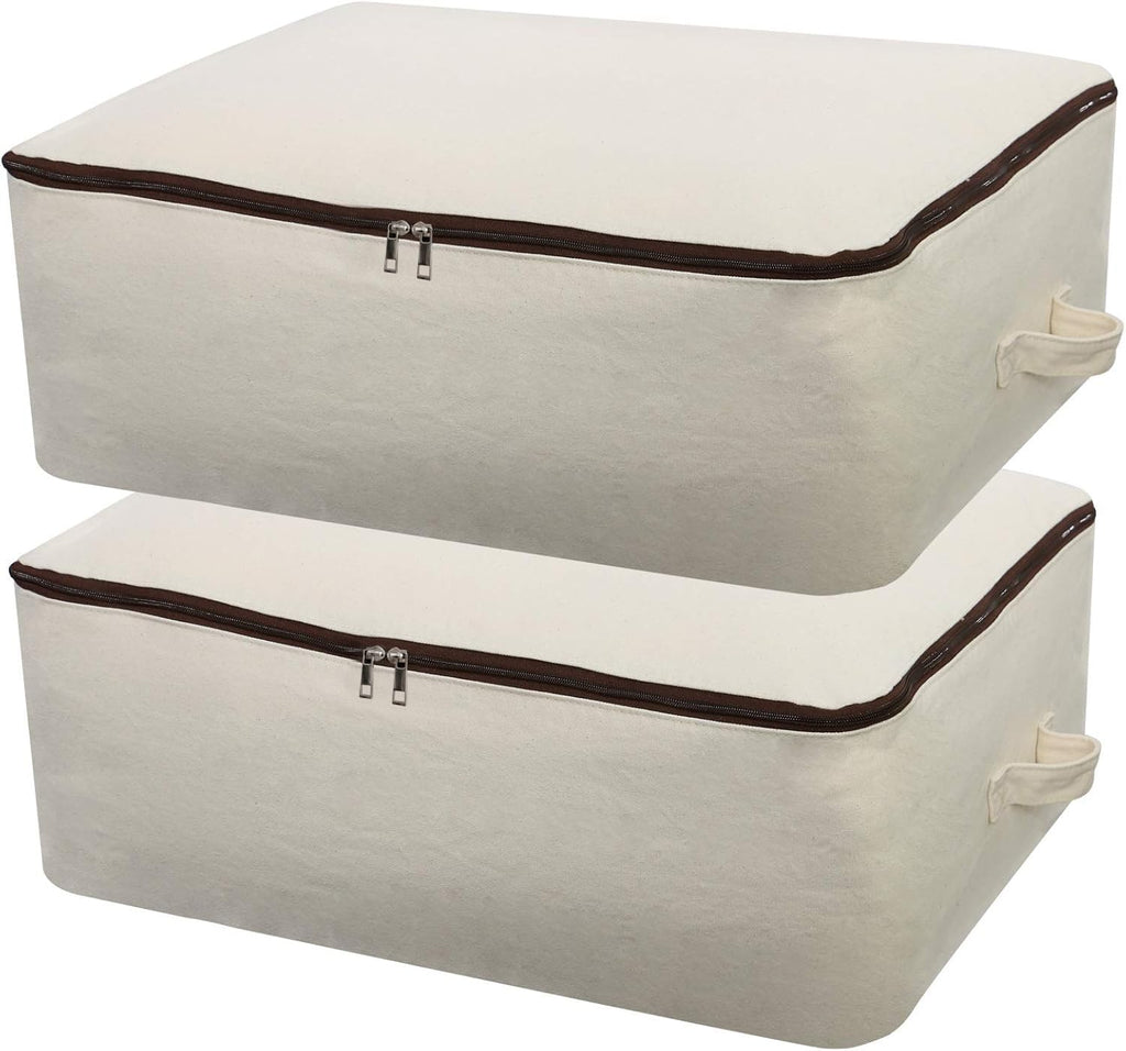 2PCS Canvas Storage Bag, 12OZ Thick Soft Breathable Closet Organizer for Beddings, Comforters, Pillows, Blankets, Clothes, 25.6×18.5×8.7inch, Beige