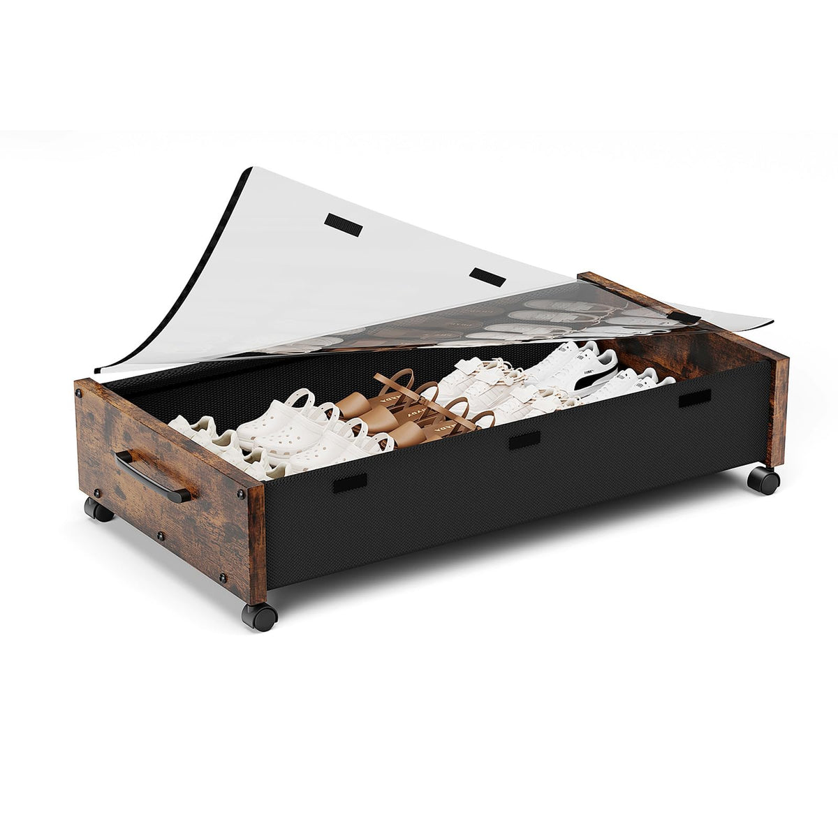 KITHELP Wooden Under Bed Storage with Wheels, Rolling Under the Bed Storage Bins with Removable Lid, Metal Under Bed Drawers for Clothes and Shoes in Bedroom or Living Room (White-2pack)