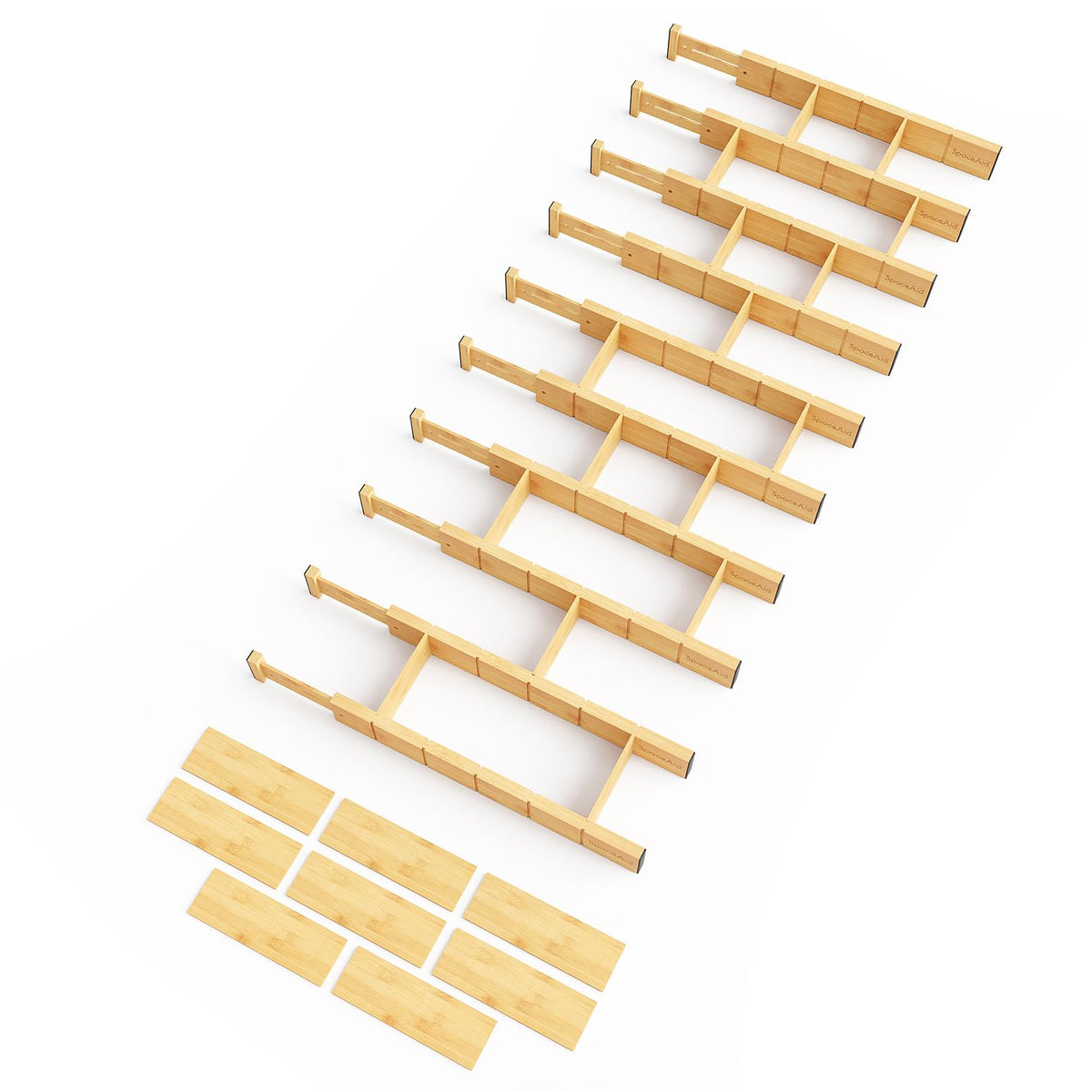 SpaceAid Bamboo Drawer Dividers with Inserts and Labels, Kitchen Adjustable Drawer Organizers, Expandable Organization for Home, Office, Dressers, 7 Dividers with 15 Inserts (17"-22" White)