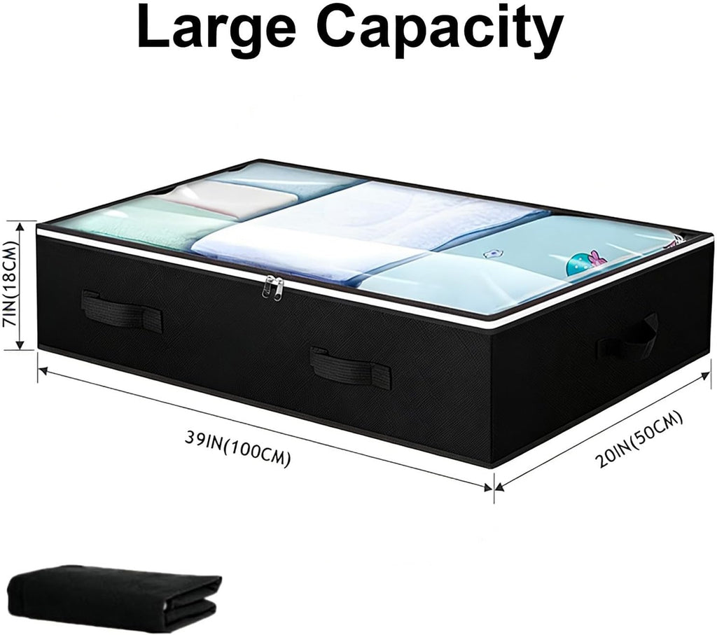 Under Bed Storage Box with Zipper Closure and Handles Low Profile for Bedroom, Living Room, Closet, Dorm & Storage Room, Black