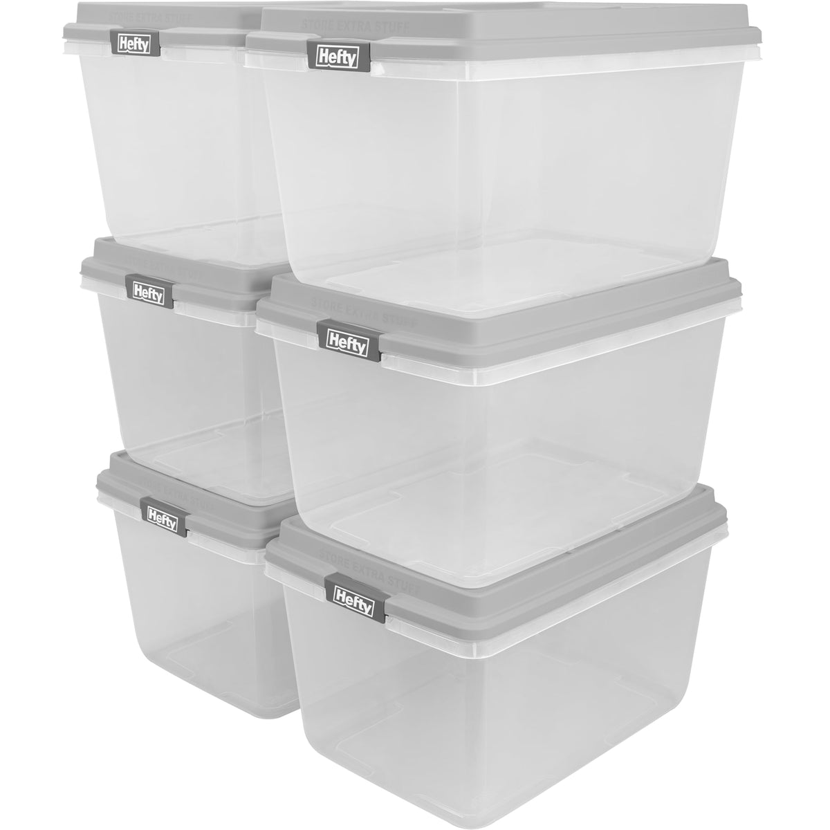 Hefty 63 Qt Hi-Rise Storage Bin with Lid, Stackable Plastic Storage Container, Organizer for Home, Garage & Closet, 4 Pack, Gray