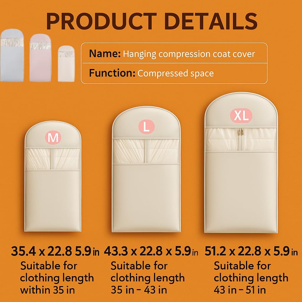 Space Saving Hanging Garment Bag with Self Compression Zipper, Suit Cover Bags, Heavy Duty Jackets & Parkas Storage, Dust Cover, Closet Organizer for Storage (Beige,L)