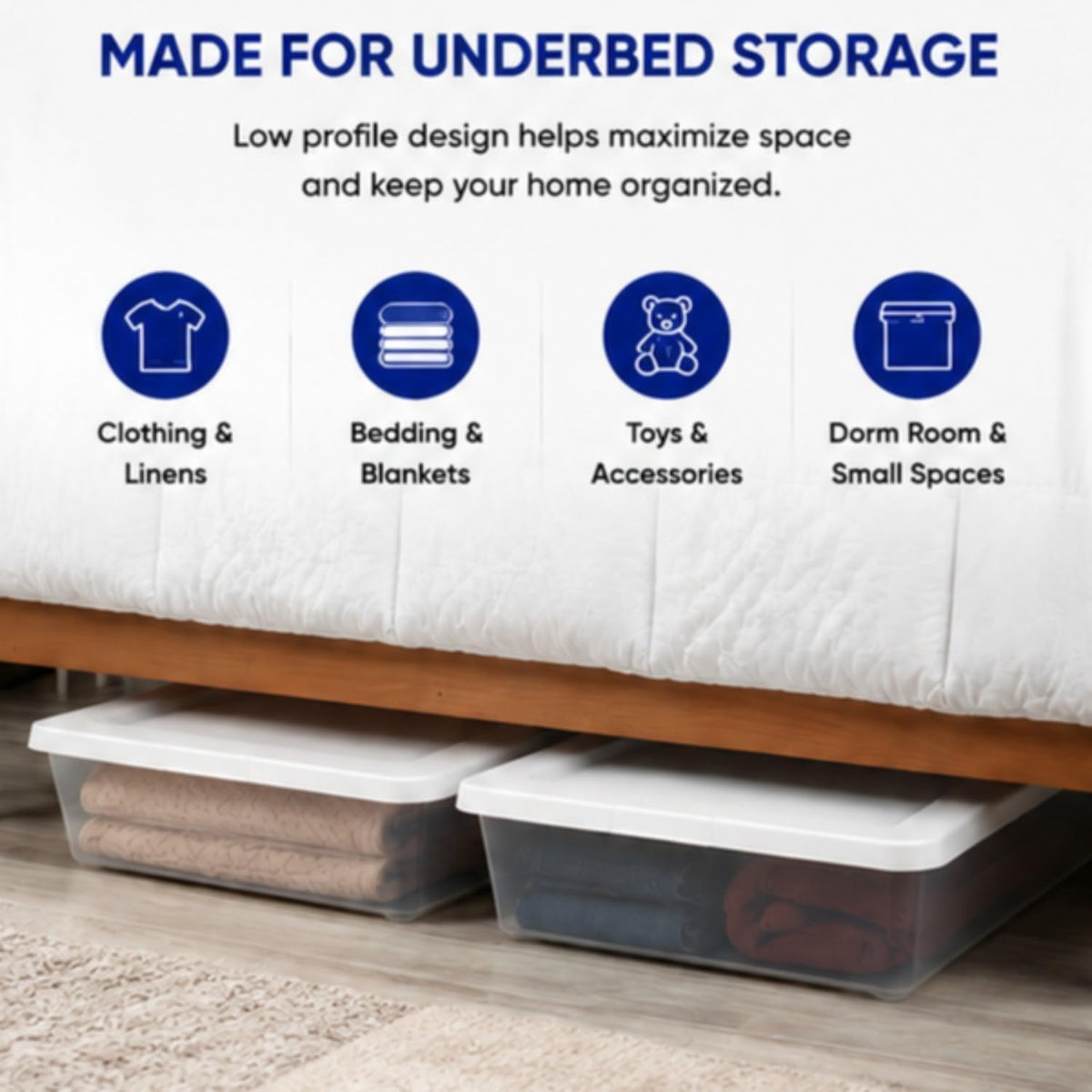 2 Pack 41 Quart Clear Plastic Underbed Storage Bin with Snap‑On Lid, White