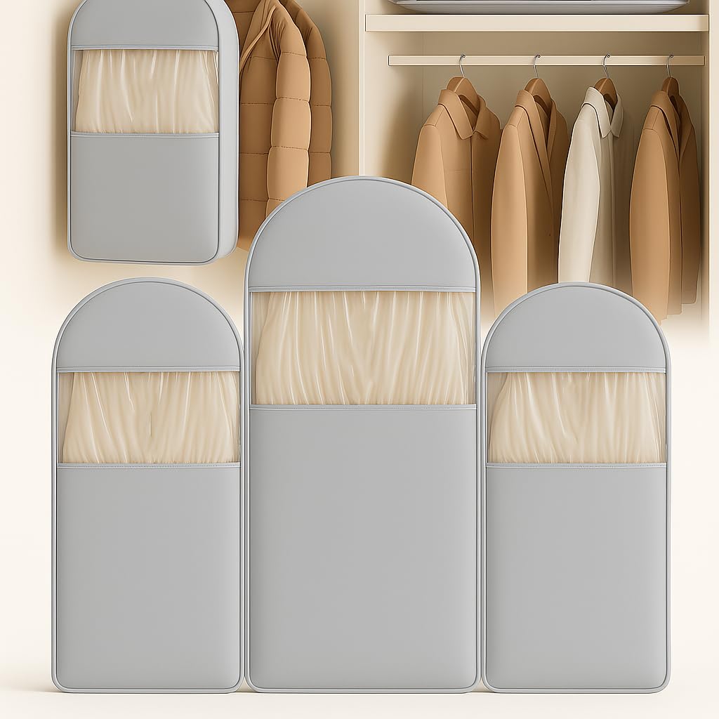 Space Saving Hanging Garment Bag with Self Compression Zipper, Suit Cover Bags, Heavy Duty Jackets & Parkas Storage, Dust Cover, Closet Organizer for Storage (Beige,L)