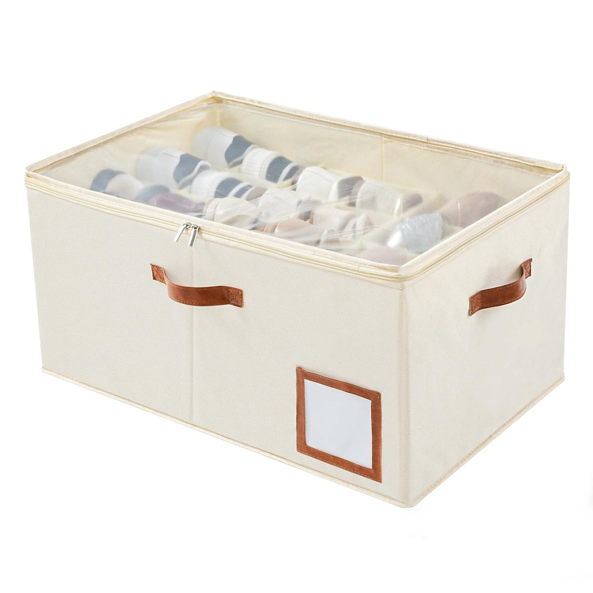 INSTY 2 Pack Shoe Organizer with Wheels for Closet, Fits up to 32 Pairs, Adjustable Dividers for Shoe Storage, Fabric Shoe Storage Bins with Clear Cover, Beige and Grey