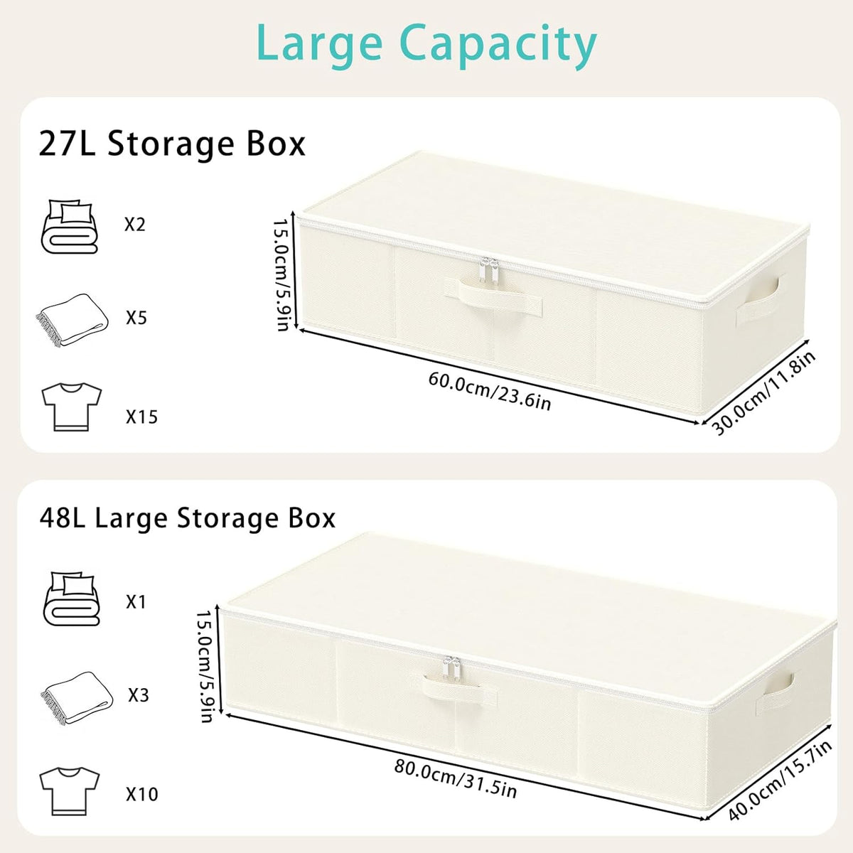 Under Bed Storage Containers, 2 Pack, Beige, 23.6x11.8x5.9 In