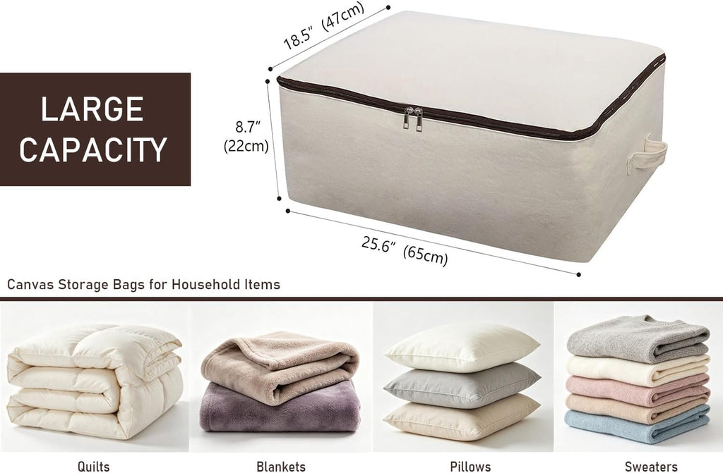 2PCS Canvas Storage Bag, 12OZ Thick Soft Breathable Closet Organizer for Beddings, Comforters, Pillows, Blankets, Clothes, 25.6×18.5×8.7inch, Beige