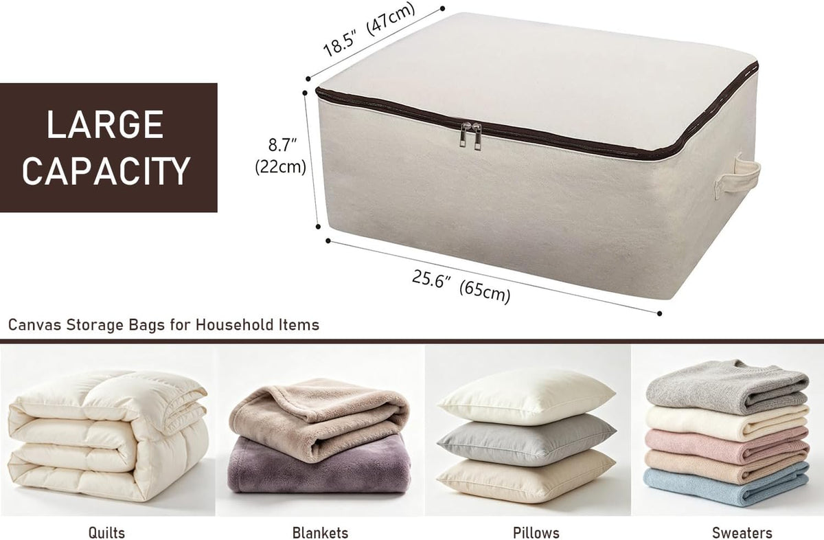 2PCS Canvas Storage Bag, 12OZ Thick Soft Breathable Closet Organizer for Beddings, Comforters, Pillows, Blankets, Clothes, 25.6×18.5×8.7inch, Beige