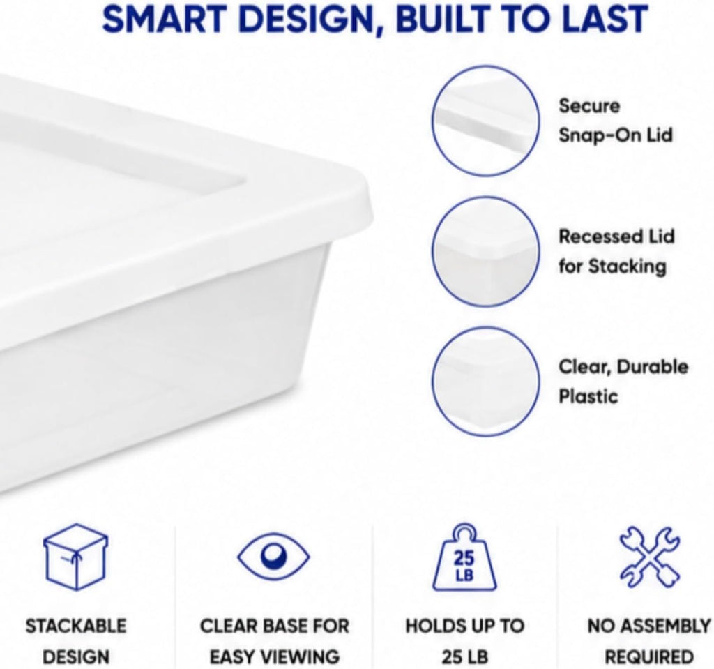 2 Pack 41 Quart Clear Plastic Underbed Storage Bin with Snap‑On Lid, White