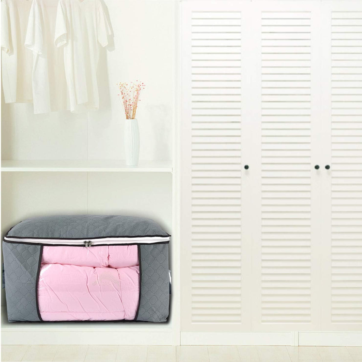 combocube Comforter Storage Bag, Zippered Bag with Large Clear Window and Carry Handles, Space Saver Organizers for Closet, Blanket, Pillow, Quilt, Bedding, Clothes (2Pcs Grey Large)