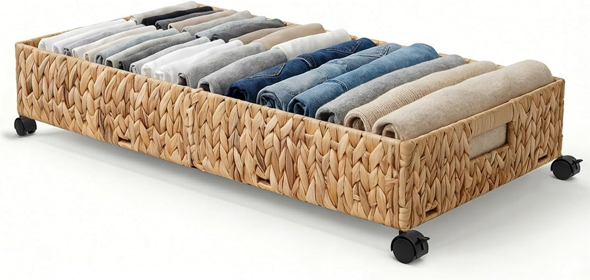 Under Bed Storage with Wheels, 31.5in / 37L Large Handwoven Water Hyacinth Under Bed Shoe Storage Organizer Drawer, Tool-free Assembly Rolling Storage Containers
