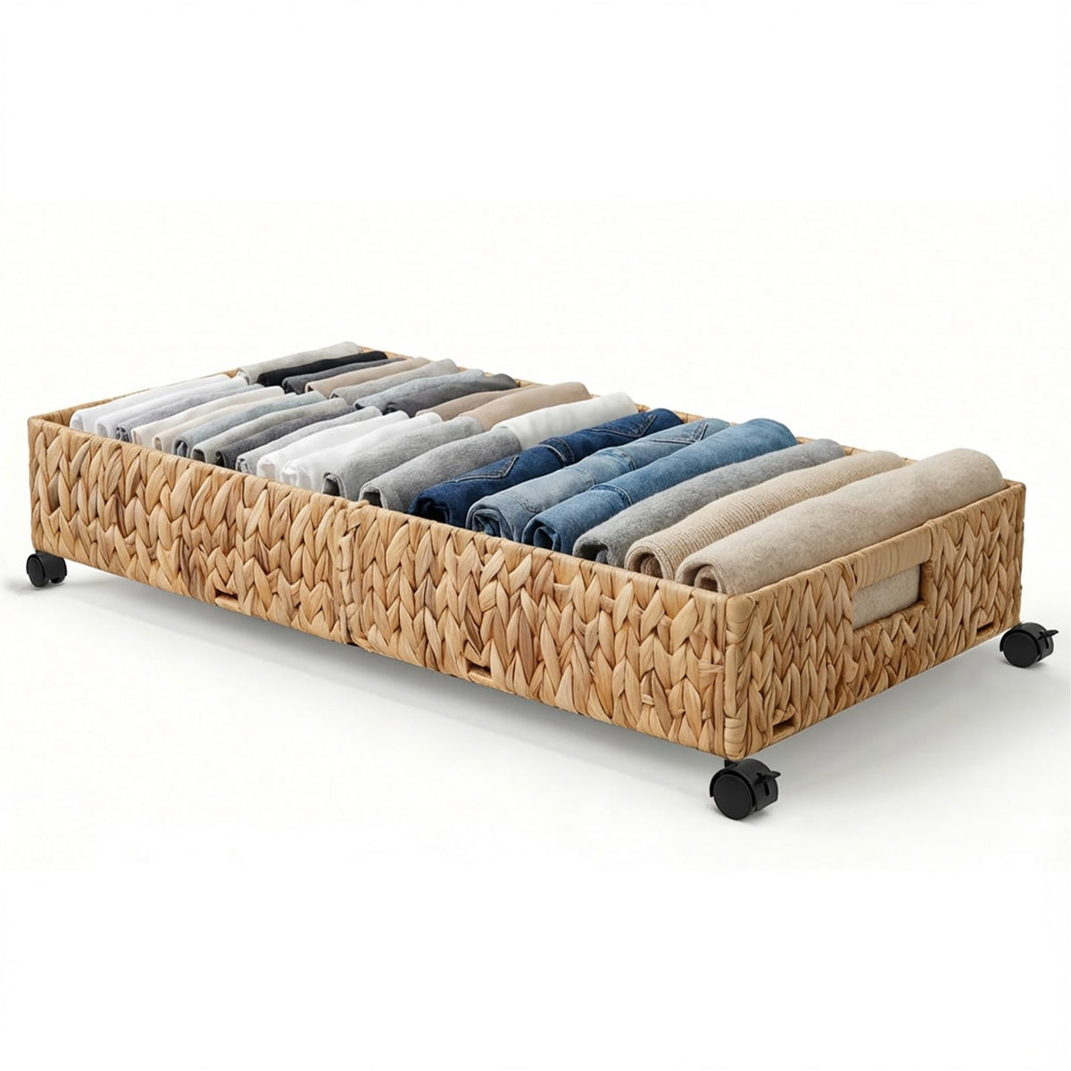 Under Bed Storage with Wheels, 31.5in / 37L Large Handwoven Water Hyacinth Under Bed Shoe Storage Organizer Drawer, Tool-free Assembly Rolling Storage Containers