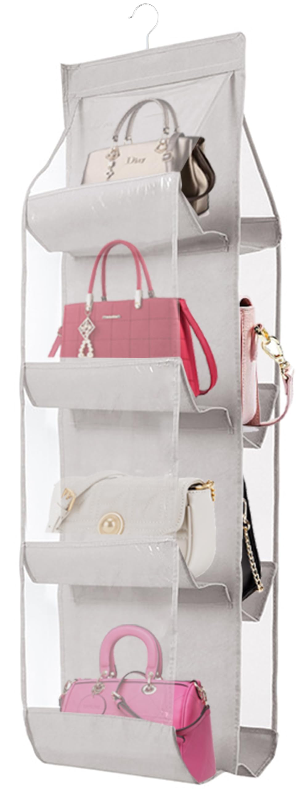 AARAINBOW Hanging Handbag Organizer for Closet, 8-Pocket Purse Storage Holder, Space-Saving Wardrobe Organizer for Women, 44.5"L x 13.5"W (A-White)
