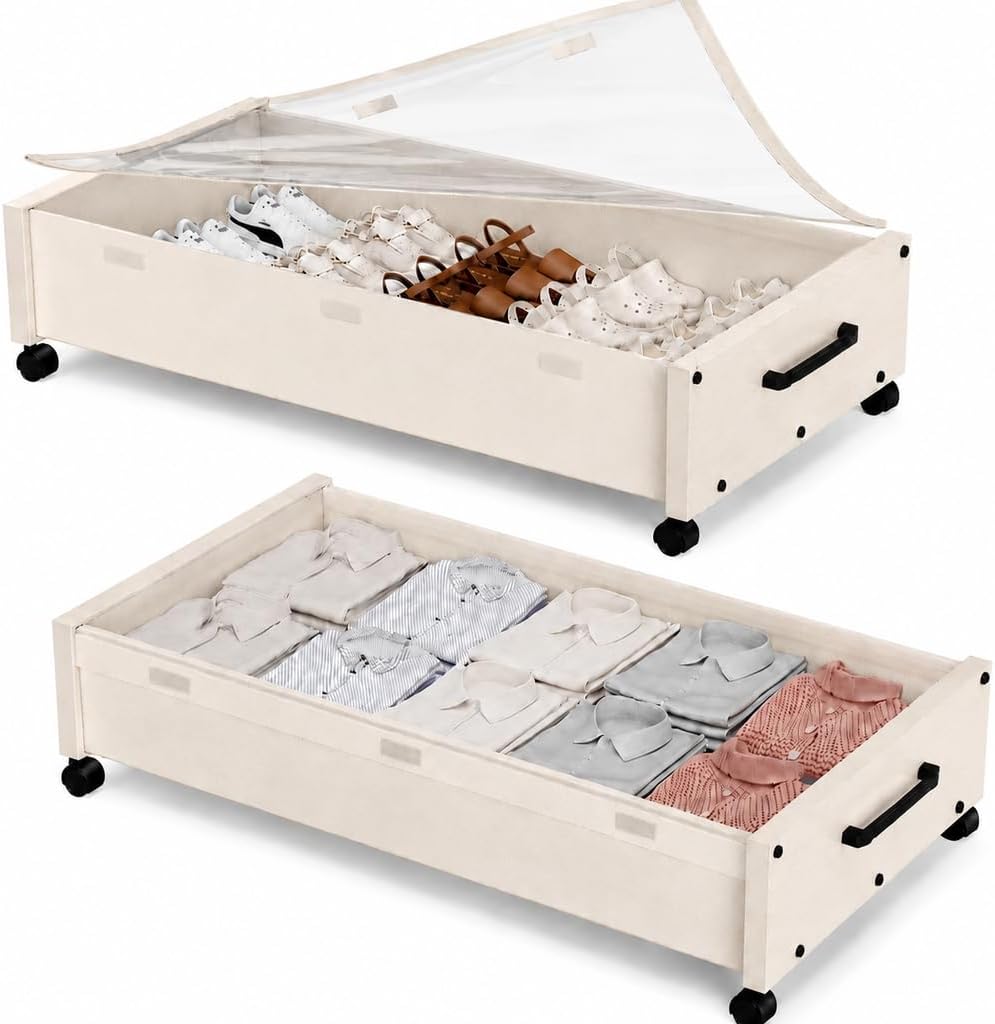 KITHELP Wooden Under Bed Storage with Wheels, Rolling Under the Bed Storage Bins with Removable Lid, Metal Under Bed Drawers for Clothes and Shoes in Bedroom or Living Room (White-2pack)