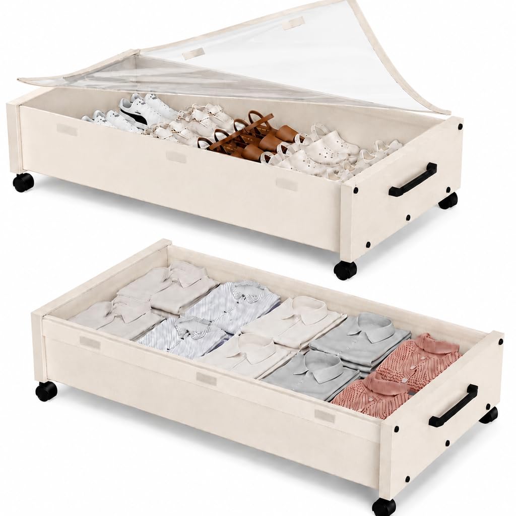 KITHELP Wooden Under Bed Storage with Wheels, Rolling Under the Bed Storage Bins with Removable Lid, Metal Under Bed Drawers for Clothes and Shoes in Bedroom or Living Room (White-2pack)