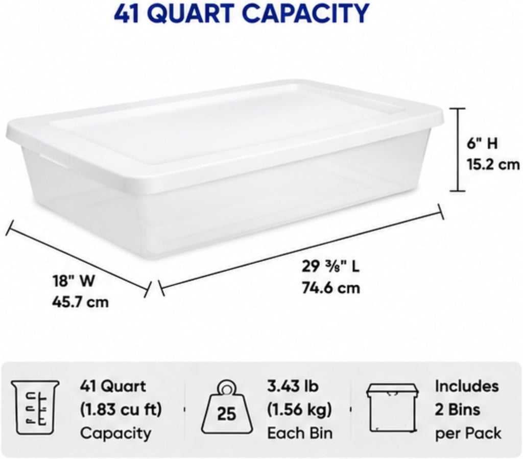 2 Pack 41 Quart Clear Plastic Underbed Storage Bin with Snap‑On Lid, White