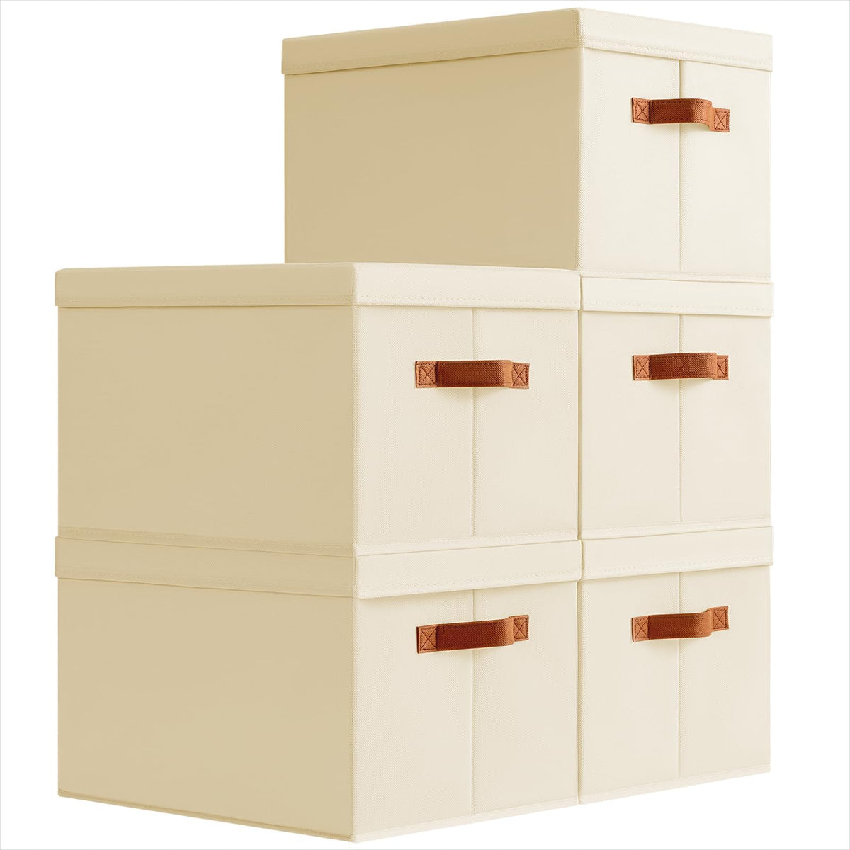 Homsorout Storage Bins with Lids - Fabric Storage Baskets for Shelves, 6 Pack Foldable Decorative Boxes with Handles, Stackable Organizer Bins for Home, Nursery, Dorm, Beige
