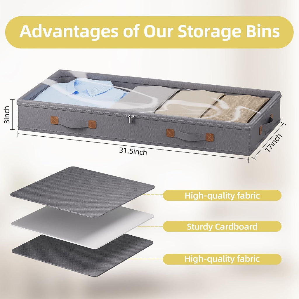 2Pack 3 Inches Low Profile Under Bed Storage Container With Lid, Drak Grey